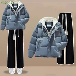 Women Winter Warm Padded Jackets Velvet Pants Two Piece Set 2023 Korean Hooded Cotton Coats Trousers Outfits New Blue Outerwear