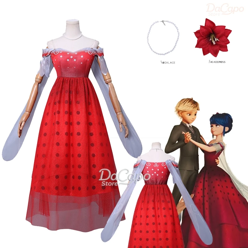 

Marinette Cosplay Evening gown Miraculous S6 Anime Dupain Cheng Red Dot dress Costume Wig Girls Roleplay Outfit Halloween Party
