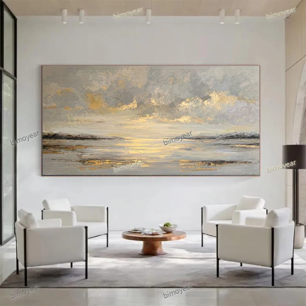 100% Hand-Painted Blue Texture Mural Thick Oil Canvas Oil Painting Colorful Horizontal Abstract Wall Art Picture Decor Artwork