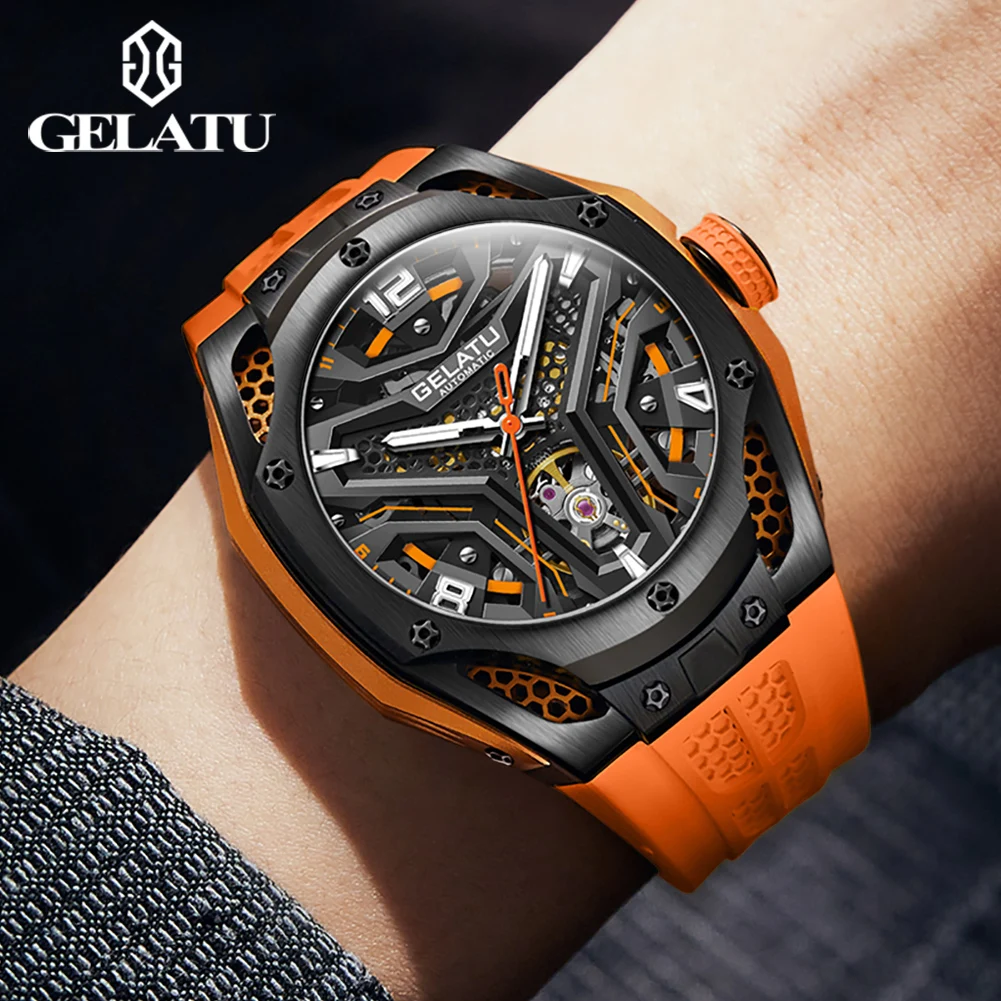 GELATU 6007 Sport Mechanical Watch For Men Number Scale Hollow Silicone Strap Hand Clock 50M Waterproof Top Brand Man Watches