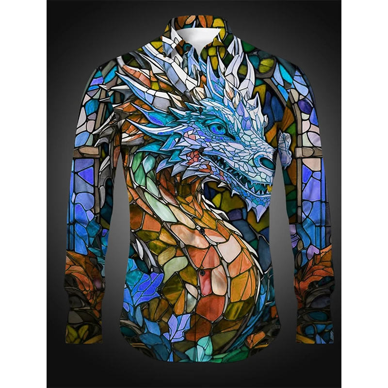 

3D Print Abstract Dragon Graphic Shirts For Men Casual Oversized Turndown Long Sleeve Shirts Mens Button Down Blouse Tshirt