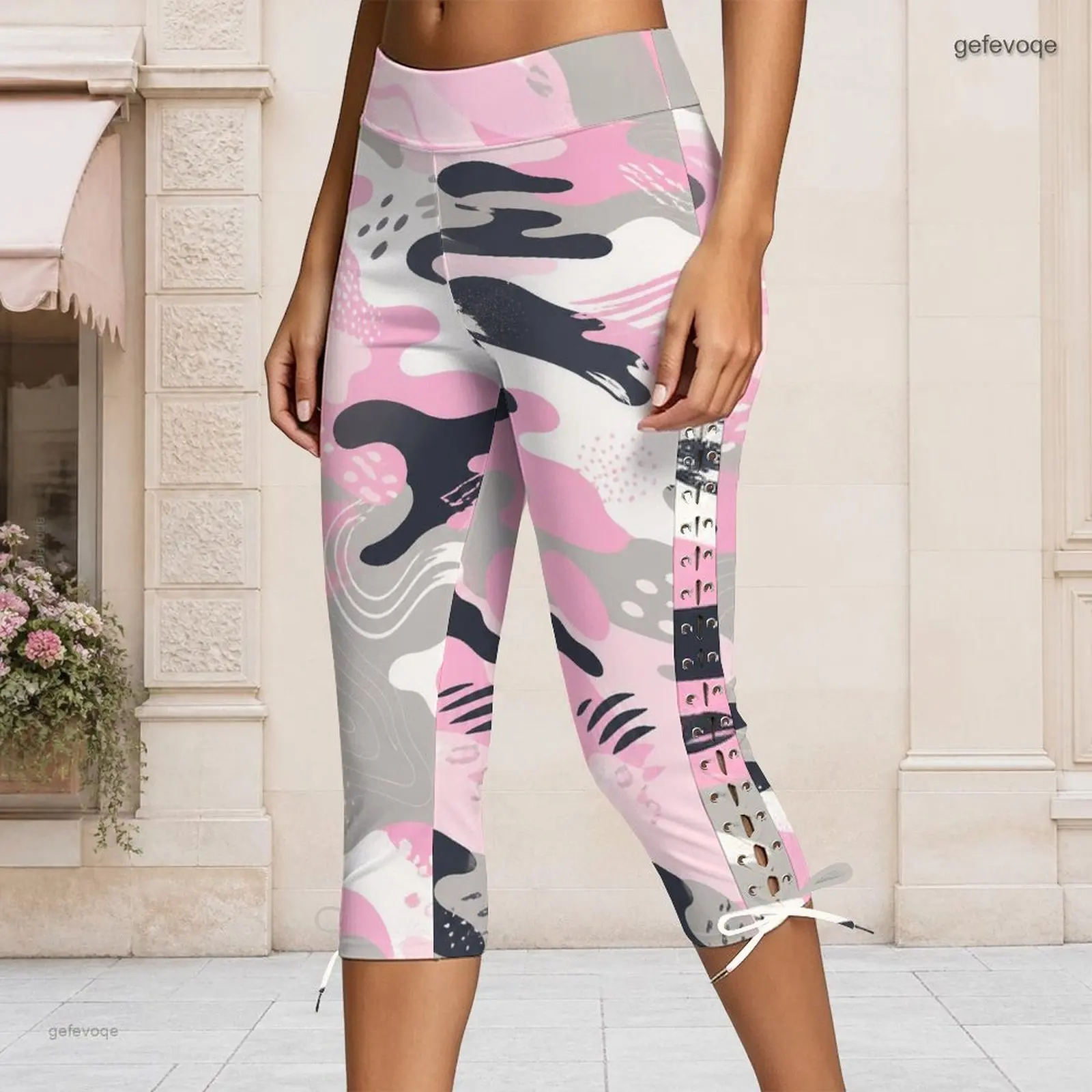 Women High Waist Fitted Abstract Camo Printed Capri Pants Side Eyelet Lace Up Cropped Leggings