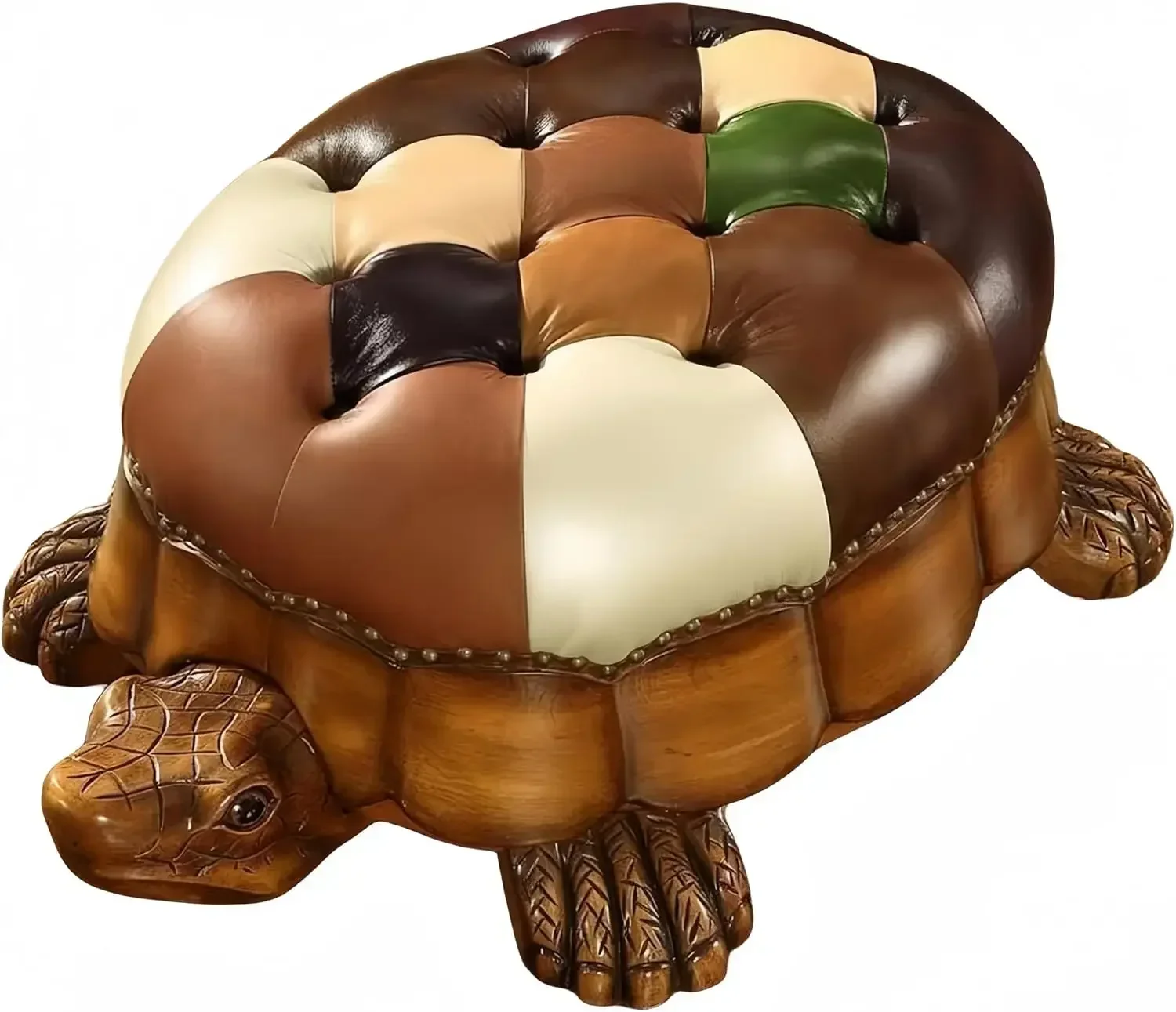 Wood Ottoman Footstool,Sofa Stool，Leather Upholstered Vintage Turtle Footrest Stool with Wheels (Multi-Colored)