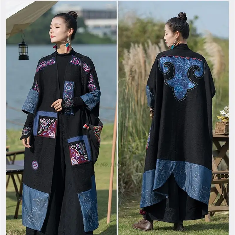 2024 chinese vintag long coat national flower embroidery jacket outerwear women tang suit traditional female windbreaker jacket