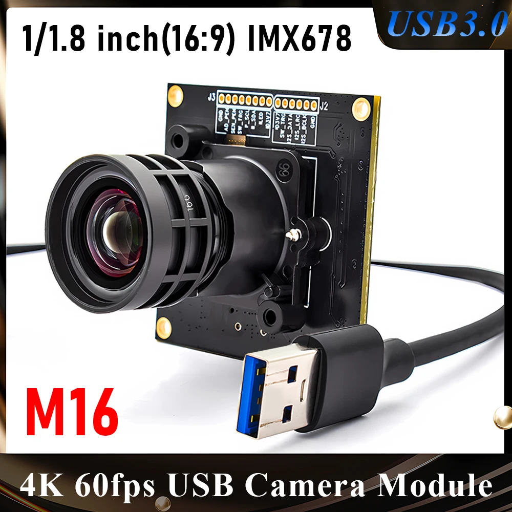 High Speed 8MP 60FPS USB3.0 Camera Module 4K UHD 1/1.8 IMX678 M16 Lens Industrial Webcam for Machine Vision & Video Conferencing