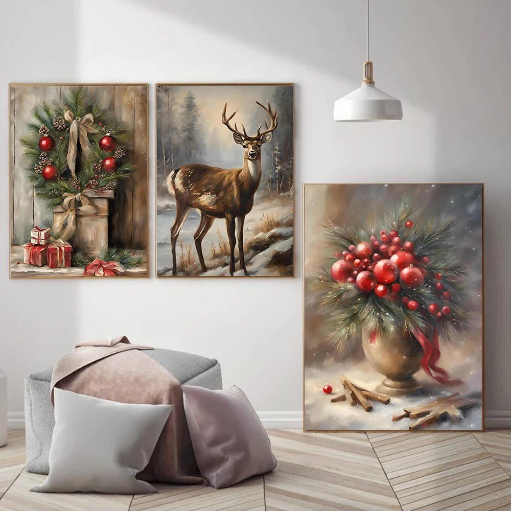

Vintage Santa Claus Christmas Tree Holiday Art Poster Oil Painting Diamond Printing Living Room Bedroom Home Store Decoration