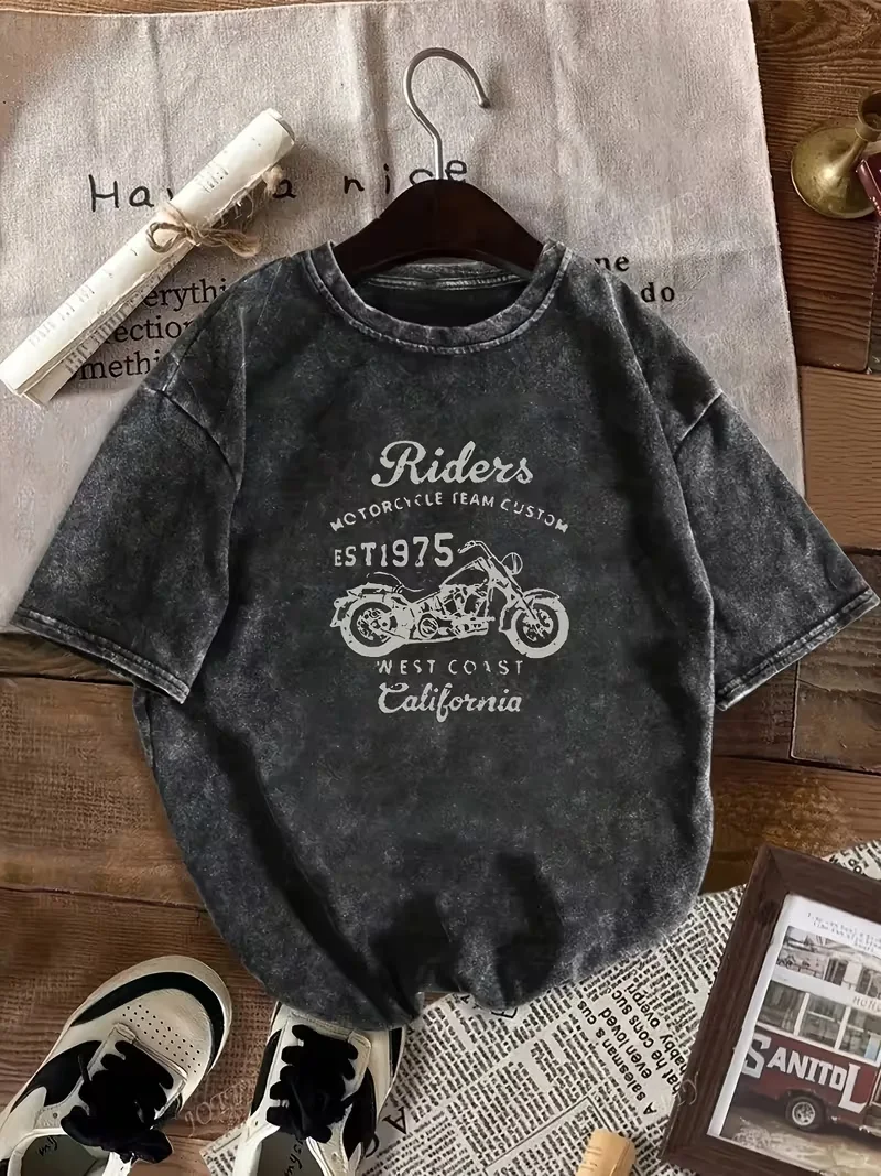 Vintage-Style Loose-Fitting Short-Sleeve T-Shirt for Women and Men, Stylish Print and Round Neck Retro Washed T Shirts