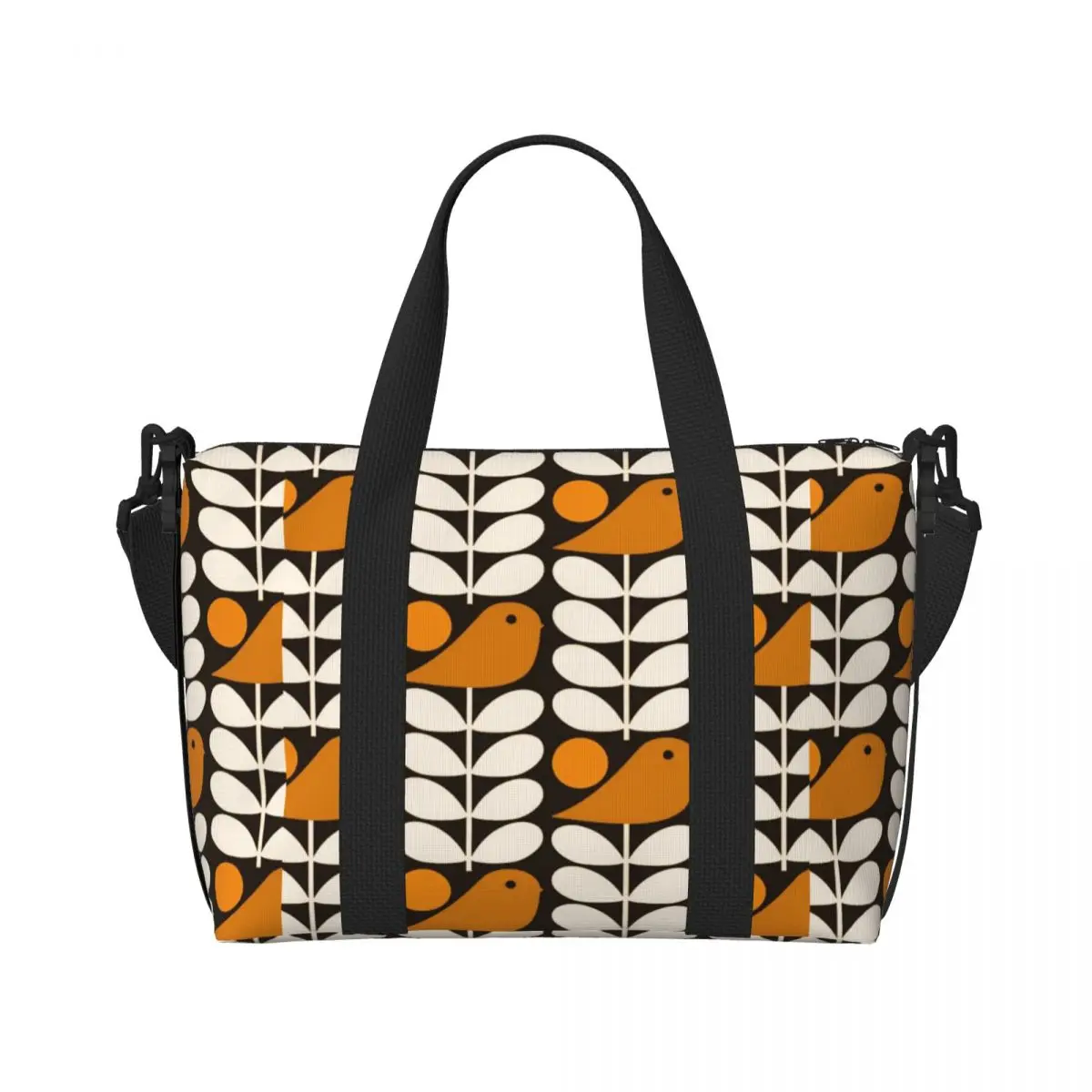 Borsa tote da spiaggia personalizzata Multistem Birds Nero Bianco Arancione Donna Orla Kiely Scandi Borse da viaggio per palestra da spiaggia con grande scomparto