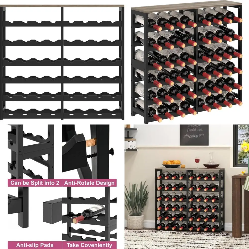 

6-Tier Bamboo Floor Wine Rack, 48-Bottle Storage with Table Top, Stackable Display for Kitchen, Bar, Dining (Ivory White and Bla