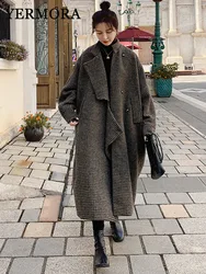 YERMORA Green Plaid Thick Big Size Woolen Coat New Stand Collar Long Sleeve Women Basic Jacket Fashion Autumn Winter 2024