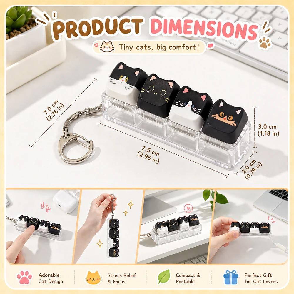 Cute Cat Keyboard Fidget 4 Keys Creative Design Keycap Keyring Finger Button Kawaii Mechanical Keyboard Keychain Party Gift - view 6