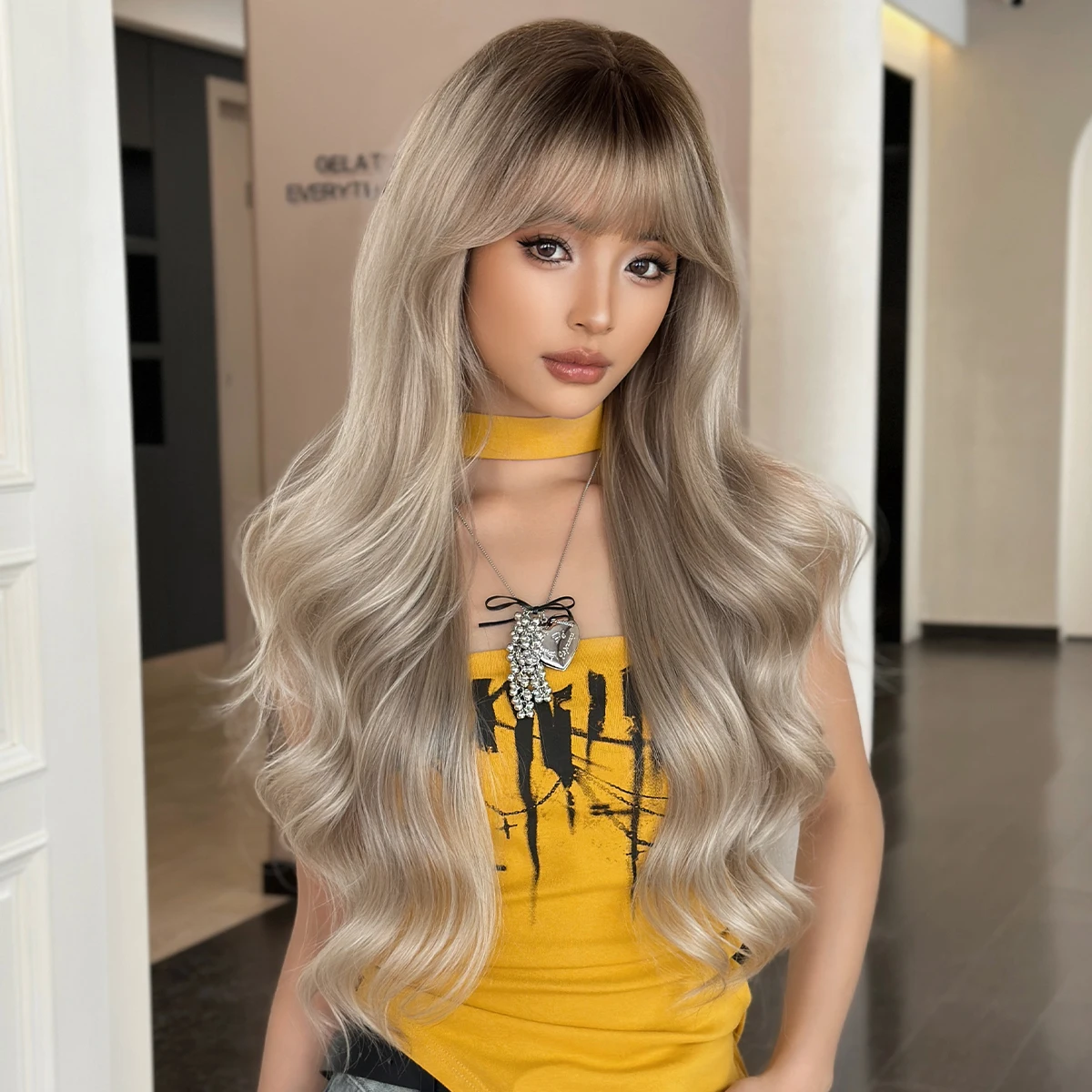 7JHH WIGS Long Body Wave Ash Silvery Wig for Women Synthetic Heat-Resistant Modest Fashion Wear and Go Wigs with Dark Roots