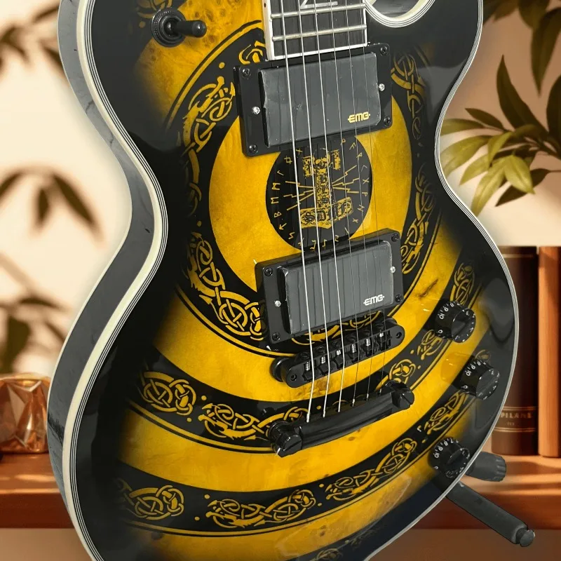 Hot Sales 6 String Wy Style Electric Guitar Yellow Black Graphic Top HH Pickups Fixed Bridge Metal Rock Guitar Beginner