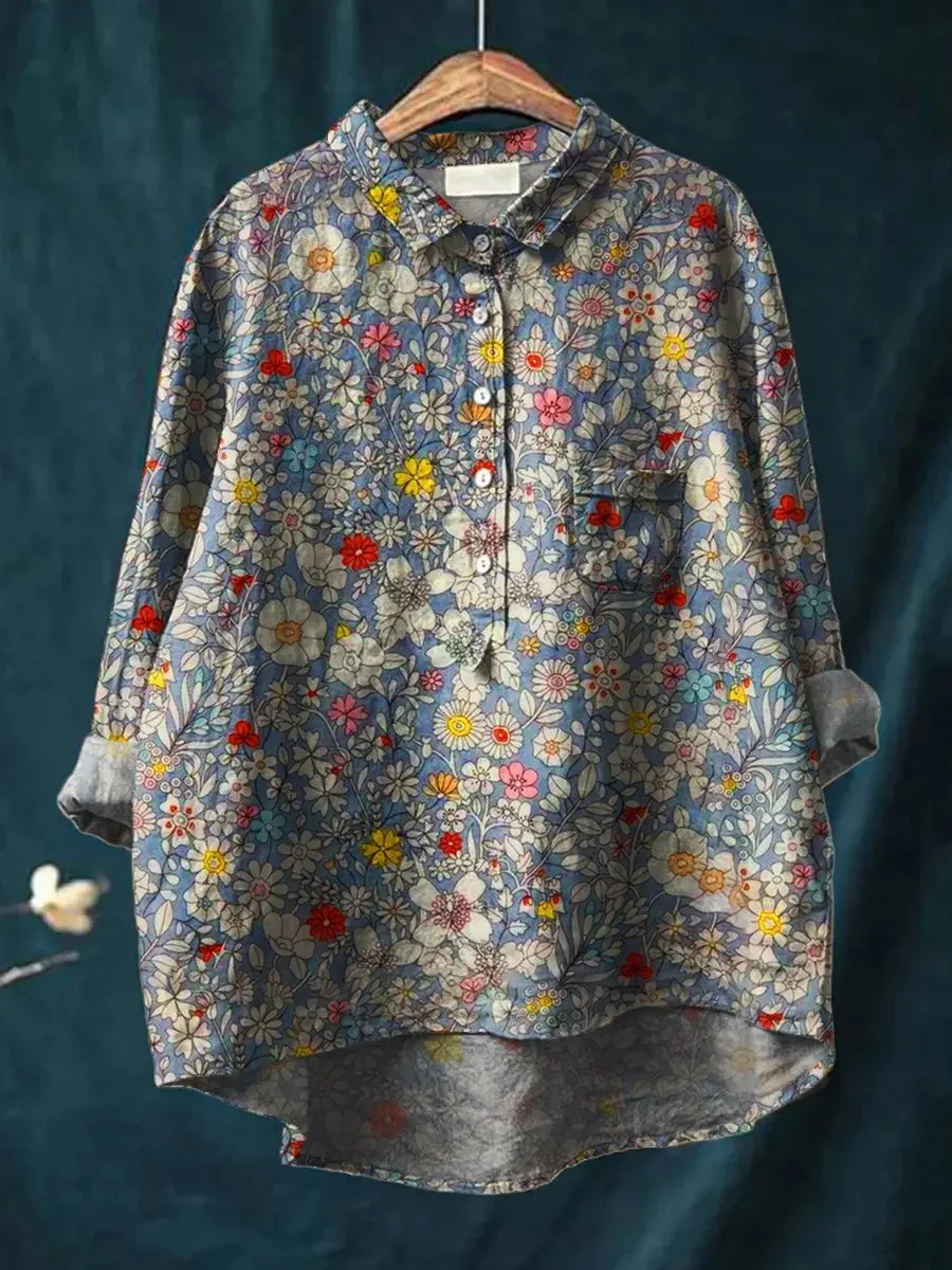 

New tropical graffiti style colorful fish school print men's shirt lake blue loose seven quarter sleeved shirt