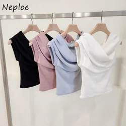 Neploe 2024 Summer New Knitted Tops Women Y2k Sexy Off Shoulder Slim Fit T-shirts Fashion Simple Sleeveless Black Tee Shirt