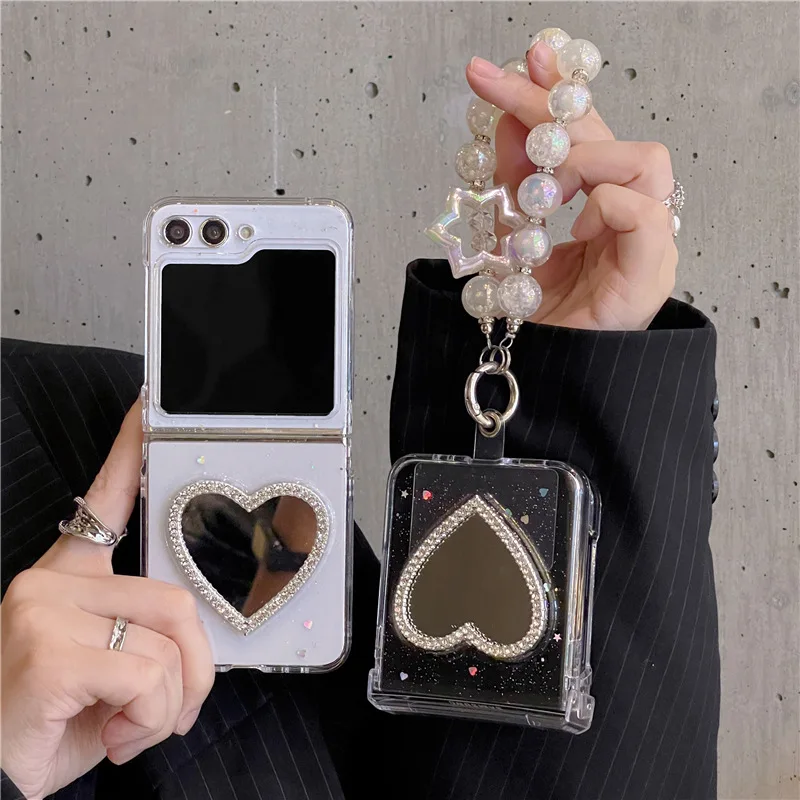 Luxury Sequin Love Heart Mirror Phone Case for Samsung Galaxy Z Flip 4 3 Hard Cover for ZFlip3 Zflip4 Zflip5 Solid Shell Bracket