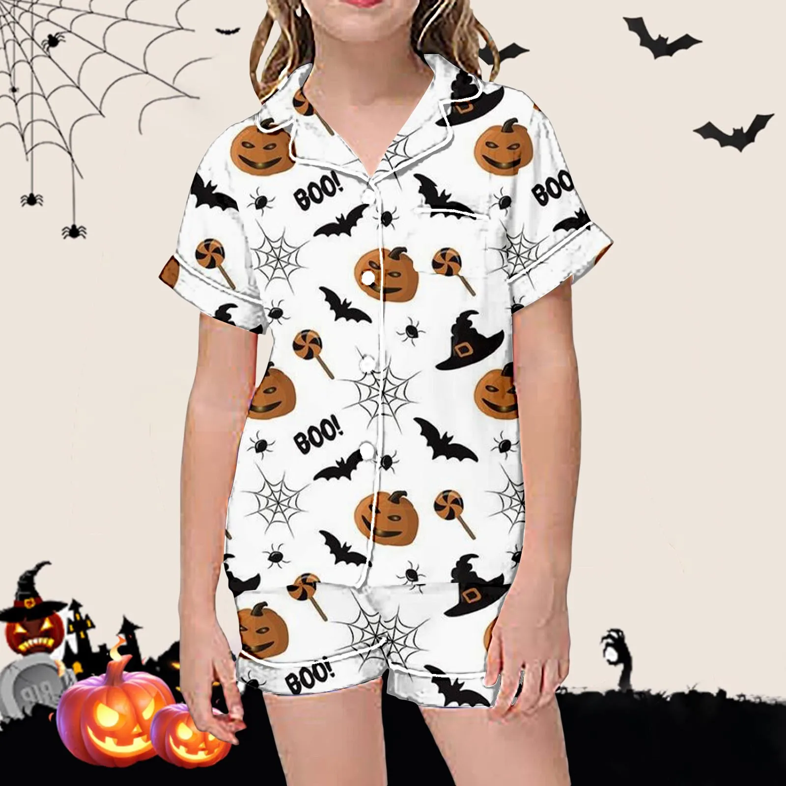 2pcs Comfortable Girl Sleepwear Women Halloween Satin Pajama Set Cartoon Ghost Print Short Sleeve Button Closure Top with Shorts