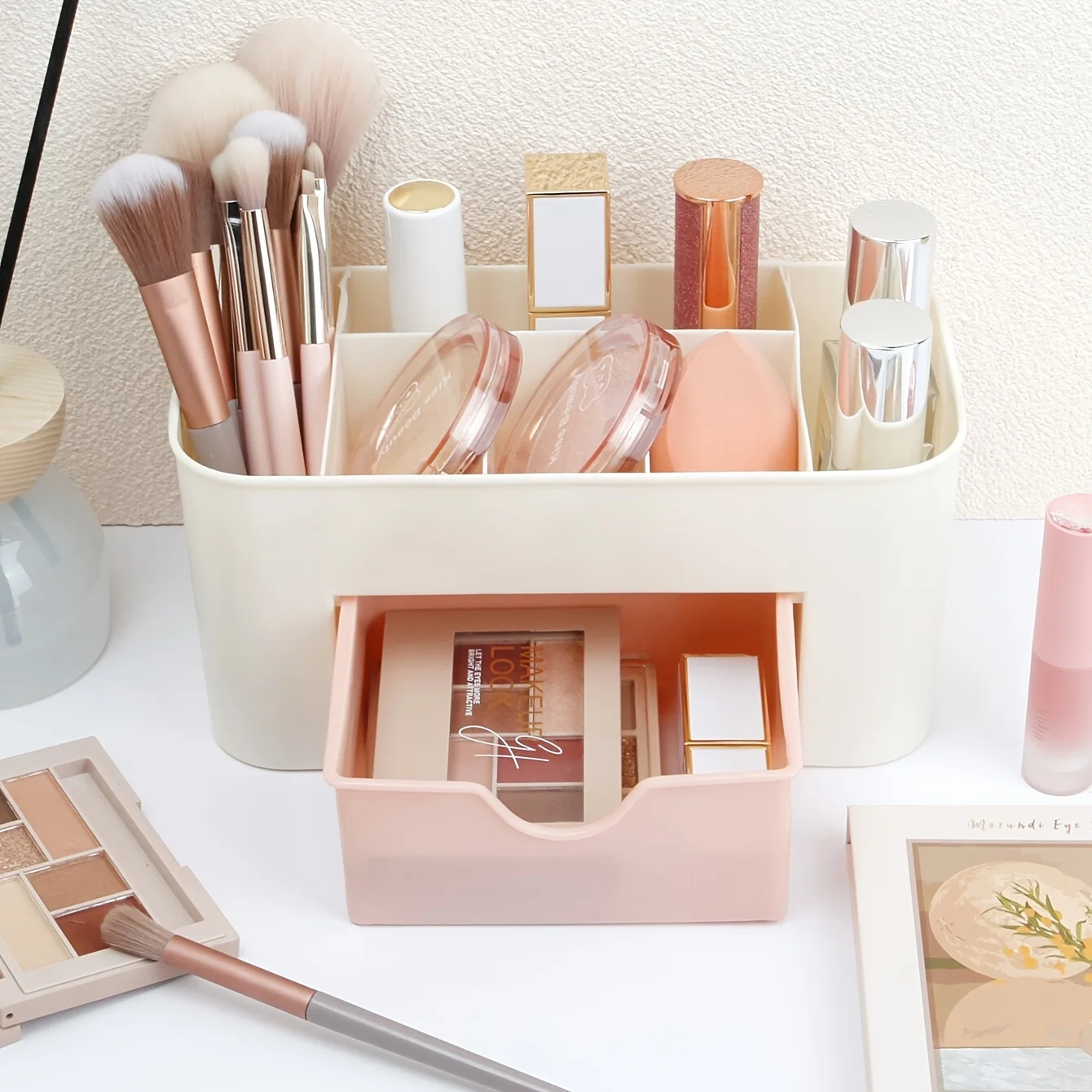 Makeup Organizer with 1 Drawers, Desk Organizer, 6 Compartments, Cosmetics Storage Box for Nail Polish, Lipstick, Brushes, Jewel