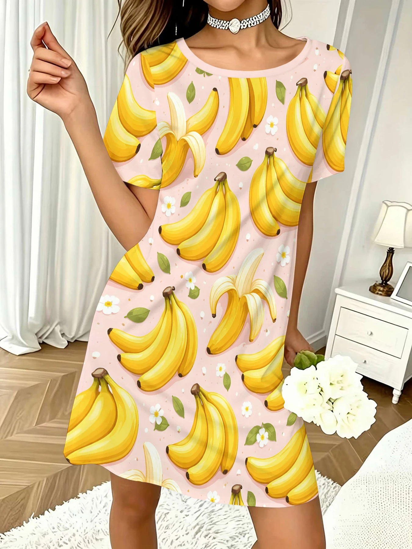 Women's Round Neck Short-Sleeved Dress with Cartoon Banana Daisy Fruit Print All Over, A-Line Casual Dress