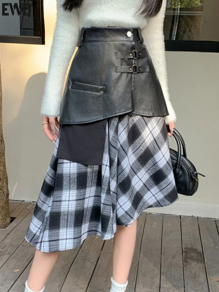 

[EWQ] American Retro Irregular Plaid Skirt And PU Leather Skirts 2 Piece Set Beautiful Women's Clothing 2024 Autumn New 16O1116