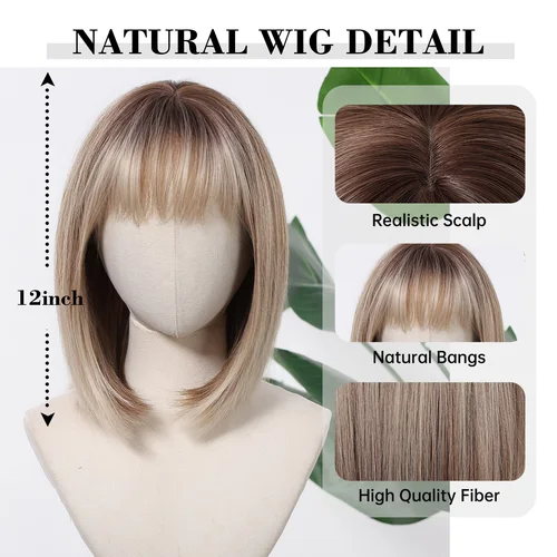 Imagen 2 del producto Pelucas ombré de color marrón a castaño, peluca Bob recta hasta los hombros con flequillo romo precortado, peluca sintética de aspecto Natural resistente al calor