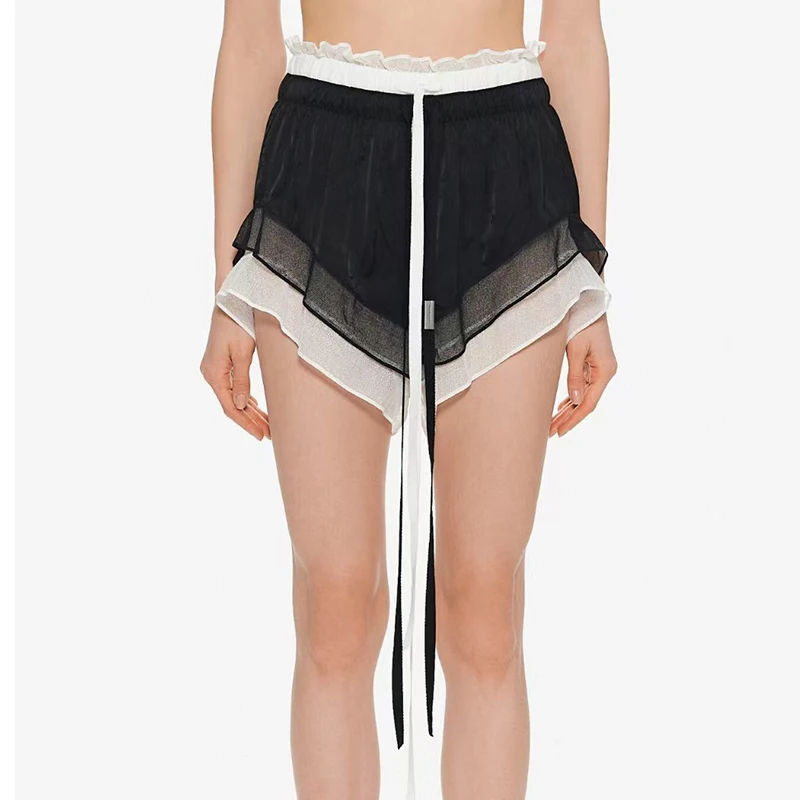 

Women's double-layer patchwork shorts, high-quality lace patchwork, fashionable and sexy drawstring short women's pants, 2025,