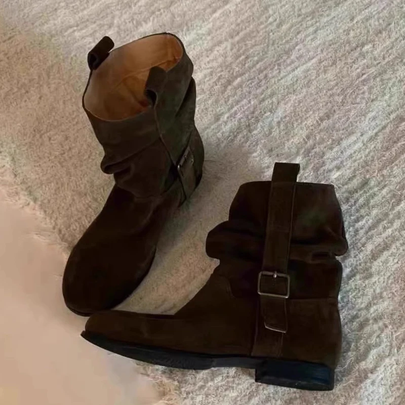 

Eilyken Punk Style Belt Buckle Round Toe Woman Ankle Boots Autumn Winter Retro Square Low High Heels Ladies Shoes