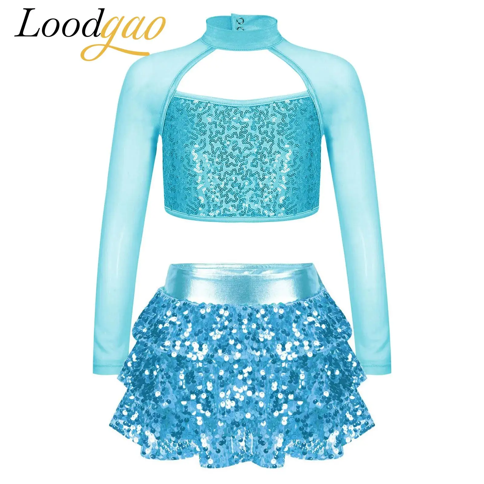 

Наряд для джазовых танцев с блестящими пайетками для девочек, детский топ с длинными рукавами и юбками, костюм для рейв-вечеринки, танцевальная одежда для катания на коньках и сцене