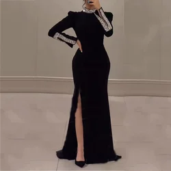 Customized Elegant Straight Side Split Prom Gown Long Sleeve Sexy Sweep Train Party Dresses High Neck Crystal Exquisite Evening