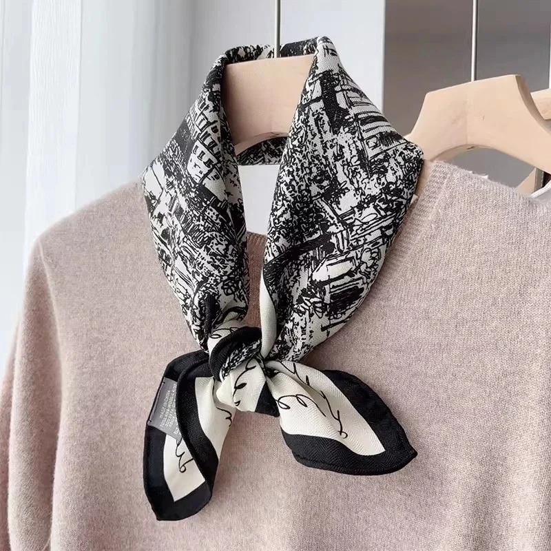 

70% Wool 30% Silk Scarves for Women Luxury Brand Black Print Square Scarf Silk Wool Head Handkerchief for Women Accessory