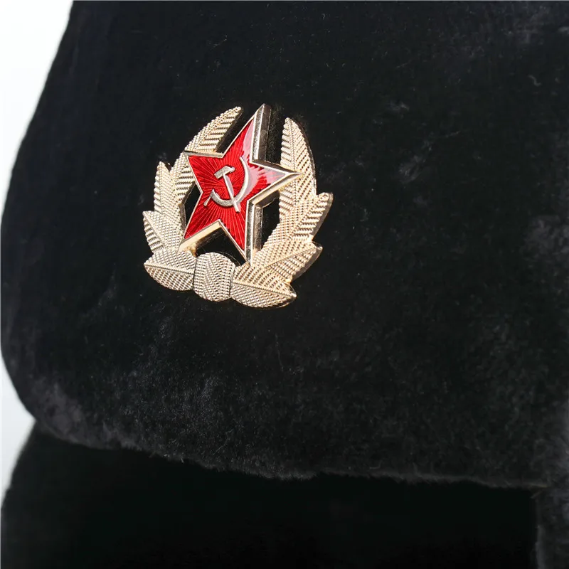 Men\'s Winter Soviet Badge Lei Feng Hats Russian Ushanka Hat Outdoor Warm Thicken Faux Rabbit Fur Windproof Snow Caps