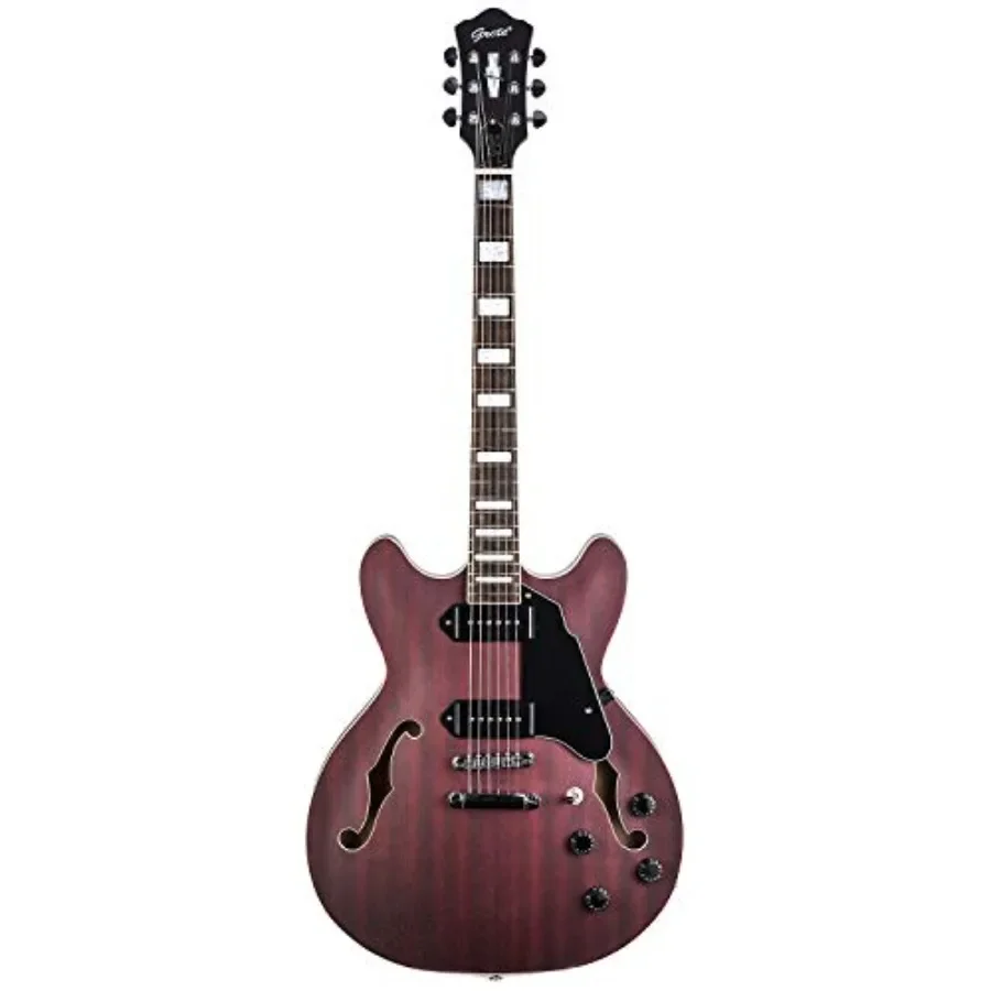 

Jazz electric guitar for semi-hollow body performance, flame maple top with matte red finish, featuring P90 pickups