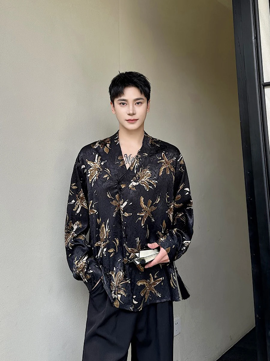 

Summer 2025 New Retro Texture Long Sve irt Dra Collar Chinese Sle Breathable Loose Fit Youth Faion Printed irt