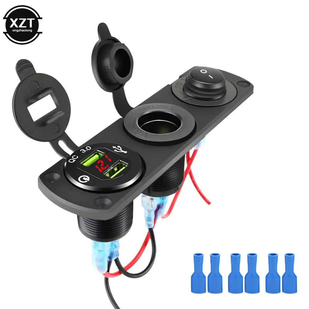 New 12V Cigarette Lighter Socket 3in 1 Waterproof Car Dual QC3.0 USB Outlet Panel for RV Marine Boat Power Socket Charger Socket