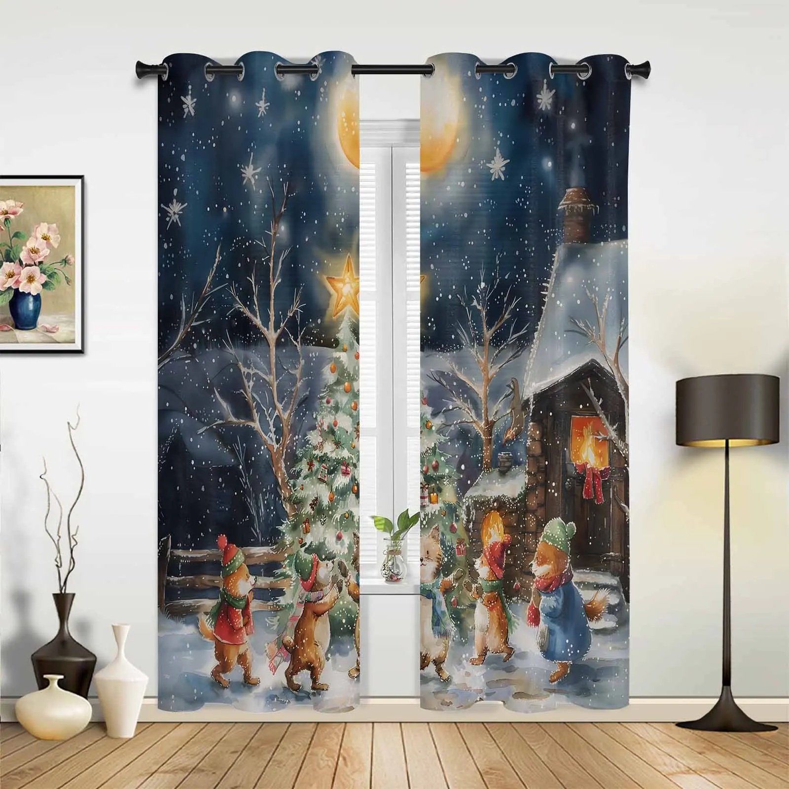 Christmas Tree Colorful Forest Moon Bonfire Animals Tulle Curtains For Living Room Bedroom Modern Kitchen Sheer Curtains