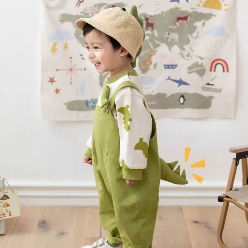 Spring Toddler Boys Overalls 3D Dinosaur and Hoodies Set Baby Cotton Pullover Cartoon Sweater Set with Pants Children Clothes