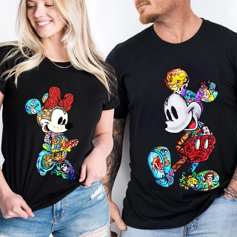 

Футболка с принтом Микки Мауса и Минни для пар Disney, мужской и женский хлопковый повседневный топ с короткими рукавами