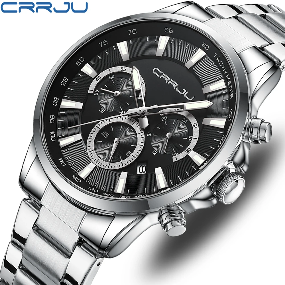 

CRRJU New Sports Chronograph Stainless Steel Band Watches Fashion Brand Quartz Men's Wristwatches with Luminous Hands