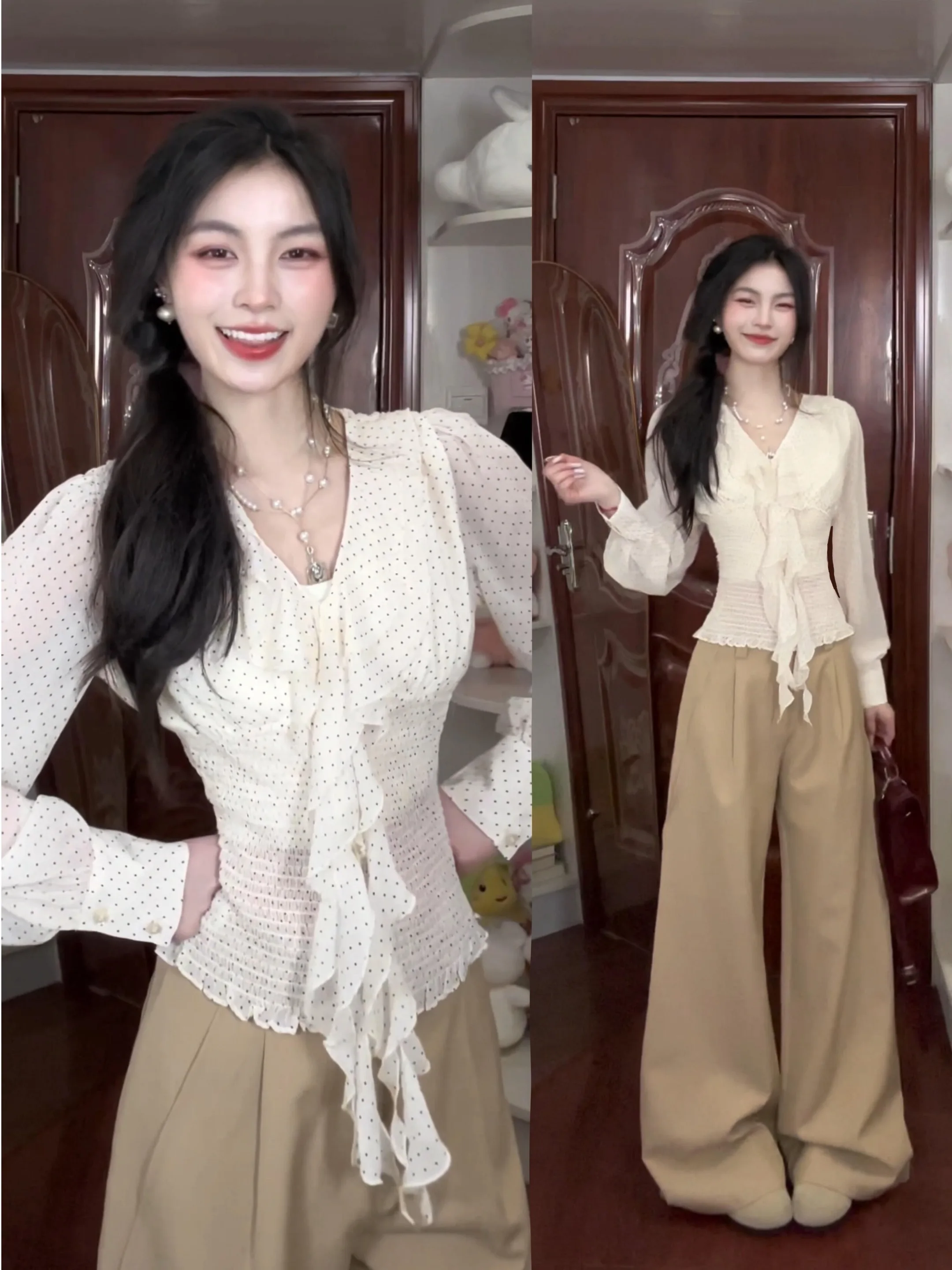 

Korean Sweet Polka Dot Chiffon irt Women's Spring New Design Sensation Sa V-ne Waist Cinch Slimming Versatile Top