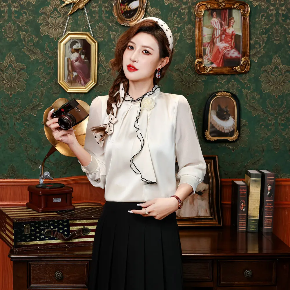 Romantic Style Women White Silk Blouses Auricular Collar Bust & Rose Design Elegant Retro Tops Four Season All Match Clothings