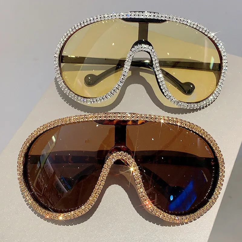 Oversized Pilot Sunglasses Women For Female Luxury Brand Designer Sun Glasses Vintage Big Frame One Piece Diamond Crystal Shades