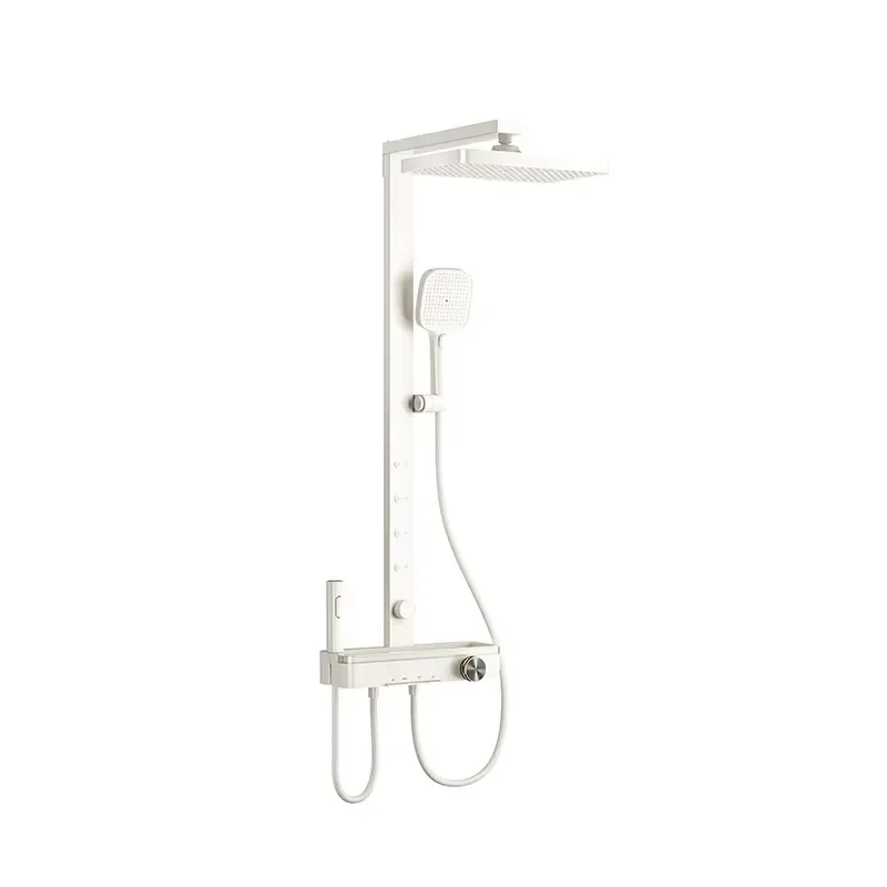 White Piano Brass Shower Set Ceramic Valve Core 4 Functions Rainfall Soft Shower Head LED Temperature Display Hotel Villa Use