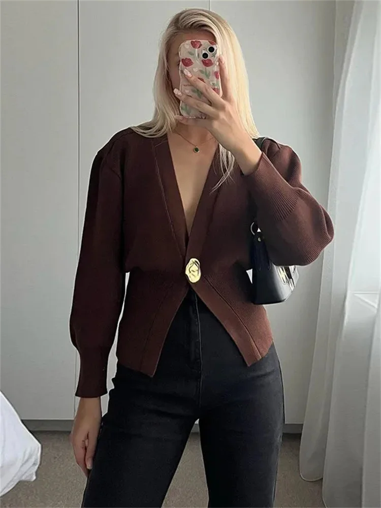 

Knitwear V-Neck Cardigan Coat For Women Long Sleeve Fashion Autumn Elegant Cropped Outwear Knit Women's Cardigan Top