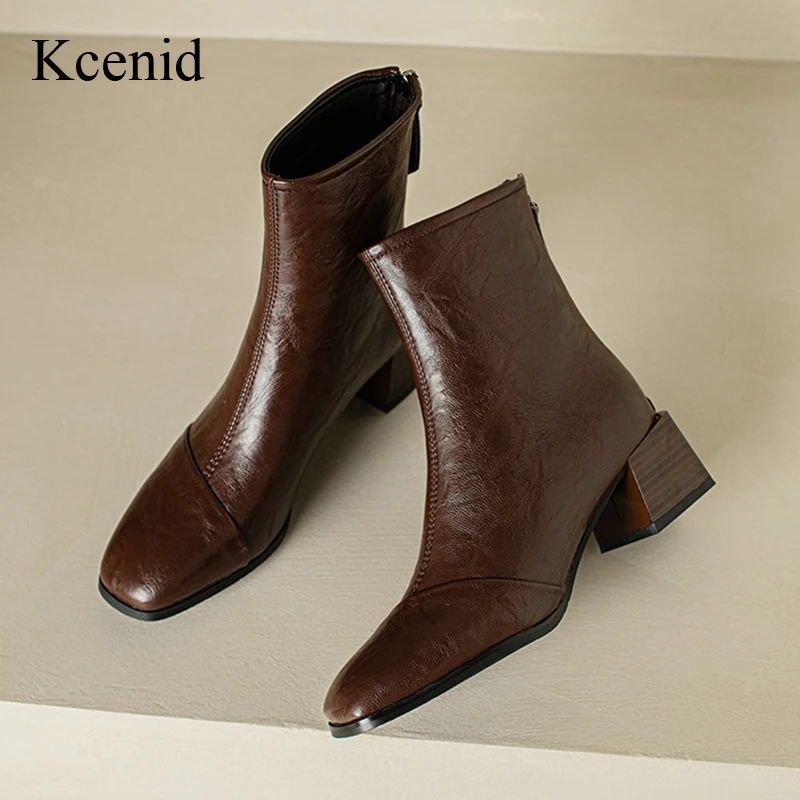 

Kcenid Street Style 5CM Thick Med Heel Square Toe Ankle Boots For Women Autumn Winter Elegant Short Boots Ladies Party Shoes