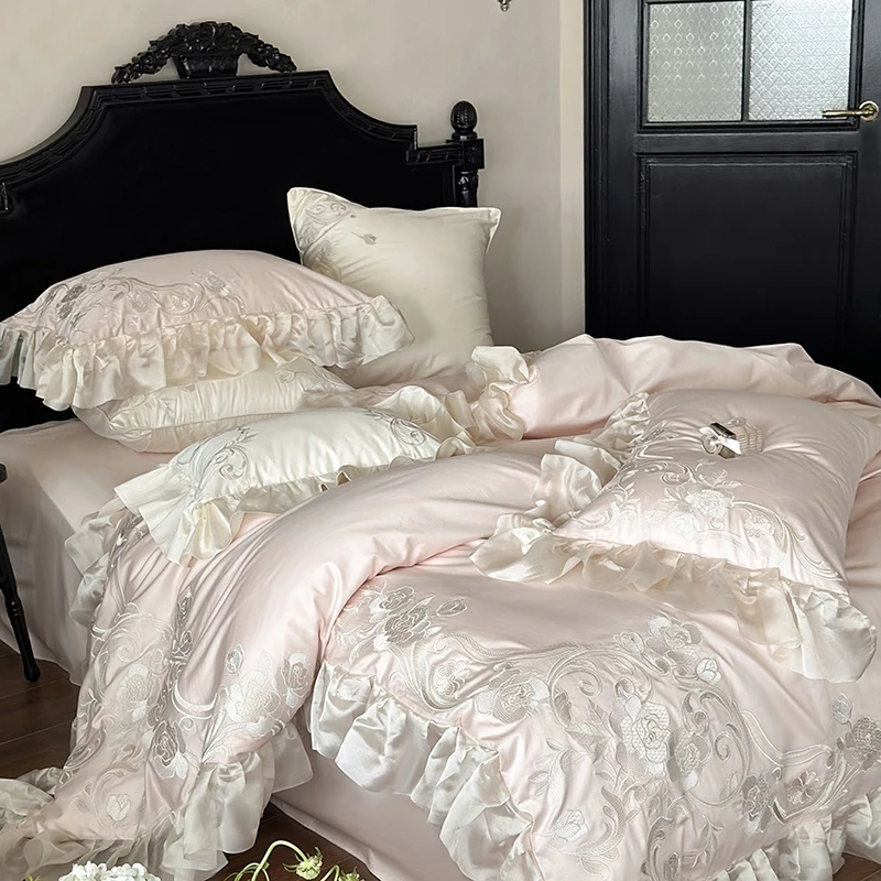 4Pcs Pink Flowers Embroidery  Chiffon Lace Bedding Set 1000TC Egyptian Cotton Duvet Cover Set Bed Sheet/Fitted Sheet Pillowcases