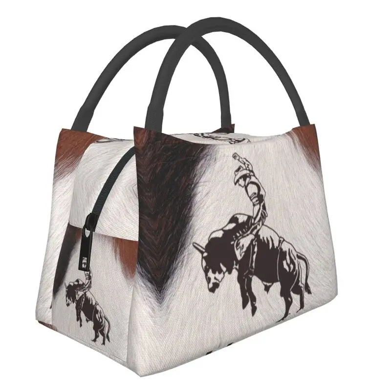 

Custom Western Cowboy Rodeo Bull Riding Cowhide Lunch Bags Men Women Warm Cooler Insulated Lunch Box for Office Travel