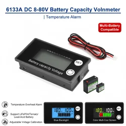 6133A DC8-100V Voltmeter Digital Battery Indicator Voltage Meter Lithium Ion Battery Capacity Monitor Temperature alarm function