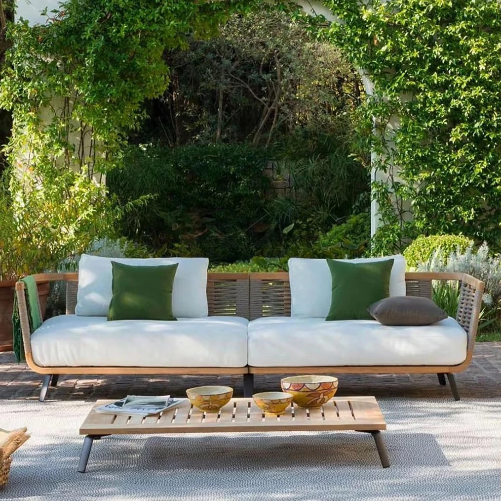 Modern all-weather rope-woven solid teak sectional sofa set outdoor wooden furniture