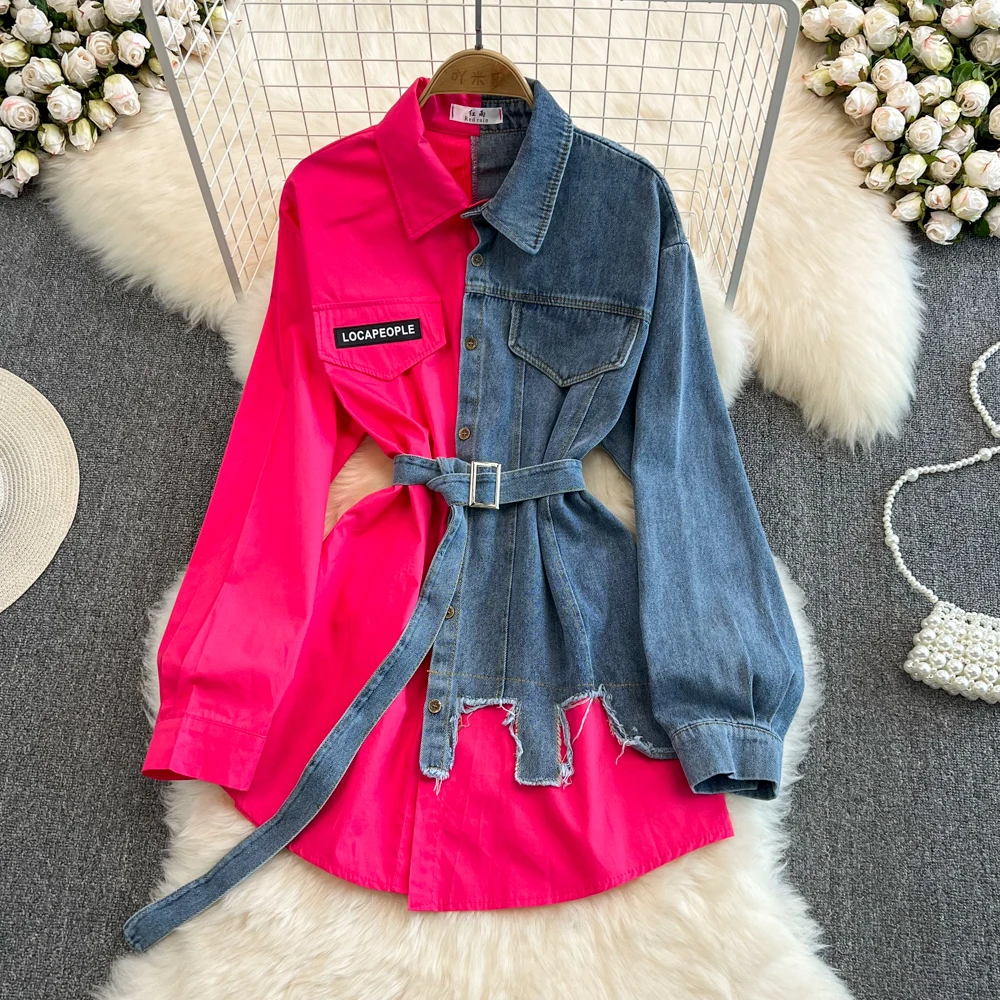 Multicolor Denim Patchwork Shirt 2024 New Autumn Women's Lapel Long Sleeve Single Breasted Belt Irregular Casual Mid Length Coat