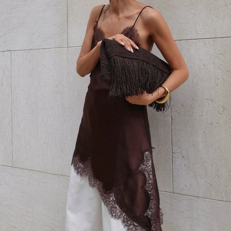 

2025 New Lace Mini Strap Dress For Women Irregular Backless Slit Sexy Evening Party Dress Female High Waist Bottom Dresses